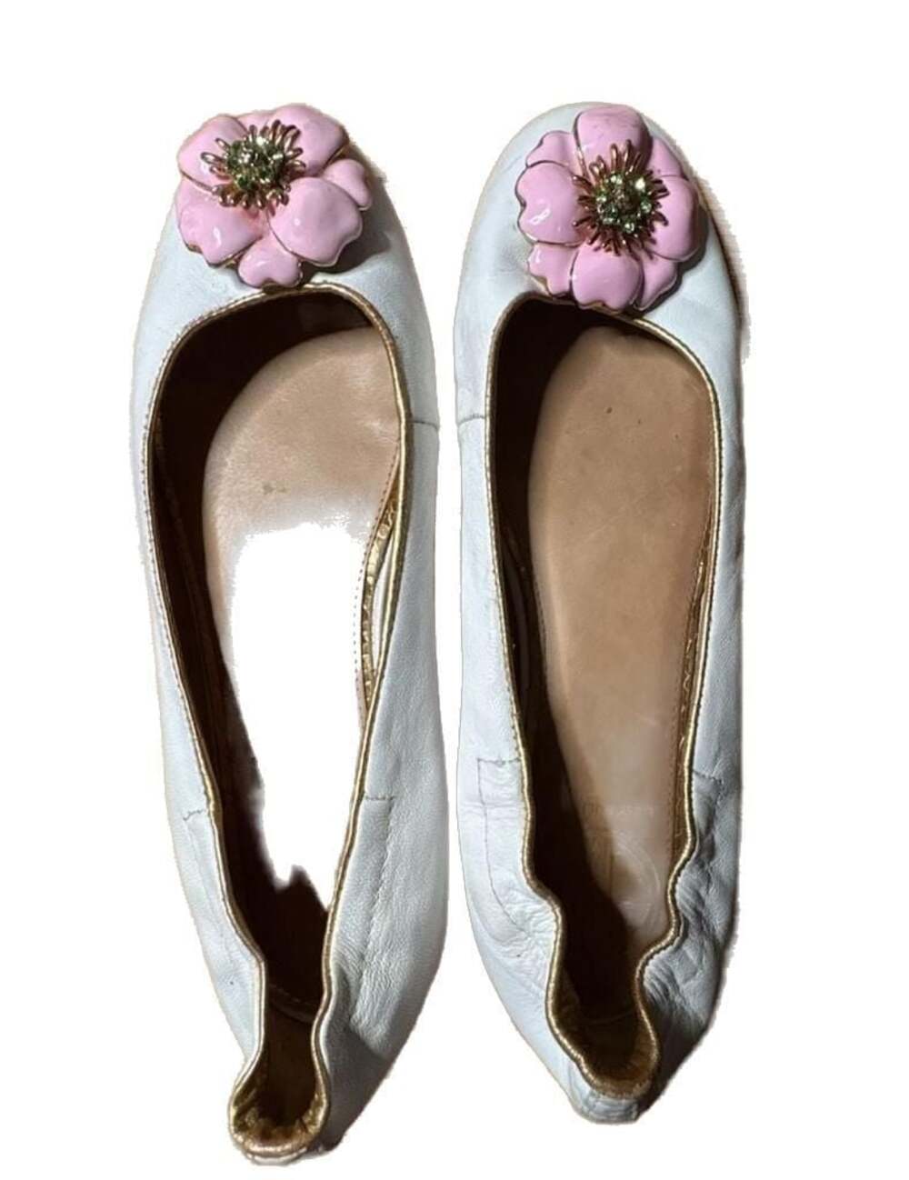 GUC Lilly Pulitzer white Leather Ballet Flats w/ Pink Enamel Flower, 6 1/2M